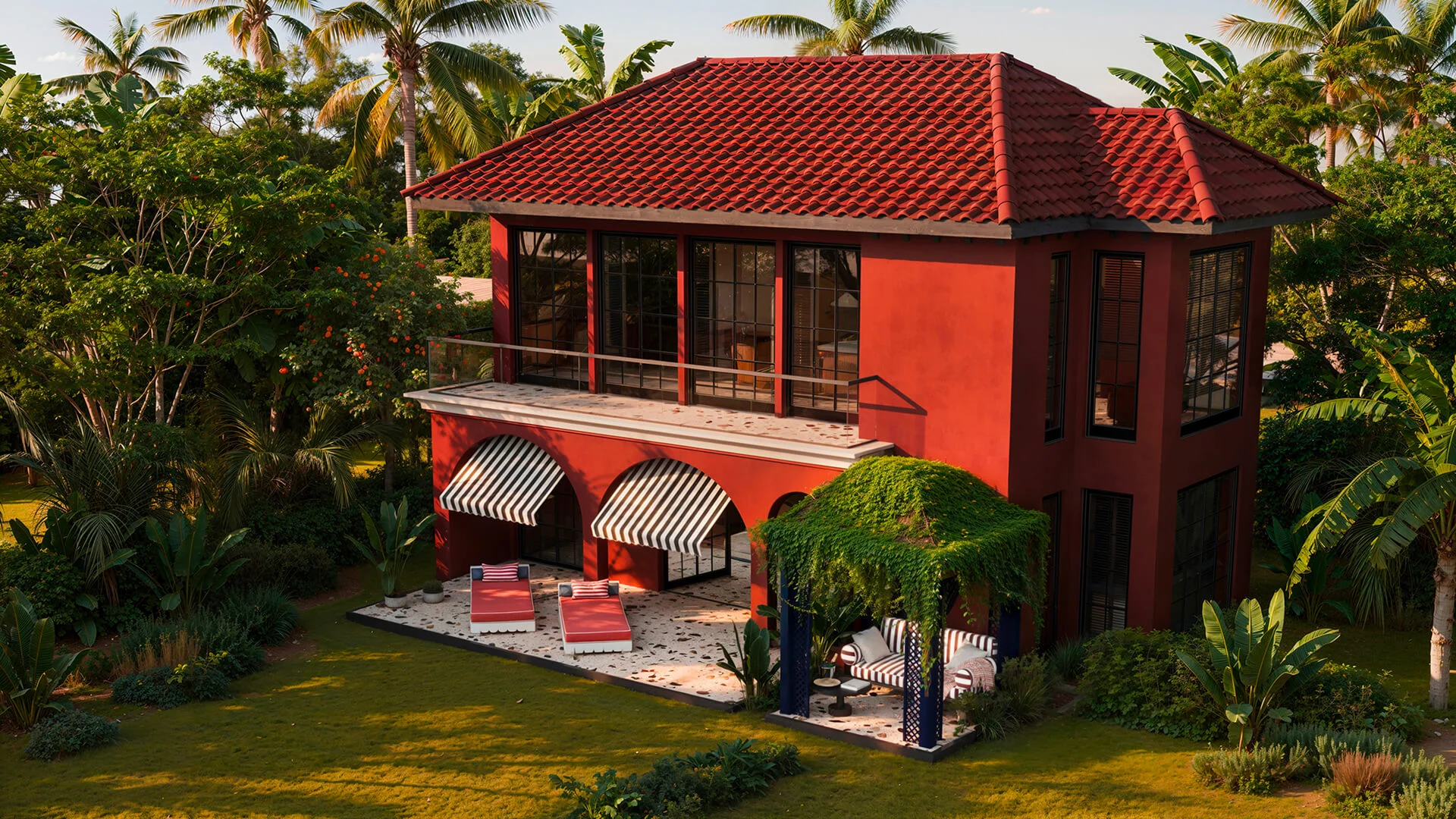 Architectural visualisation of the two-storey CASA NOI villa and garden