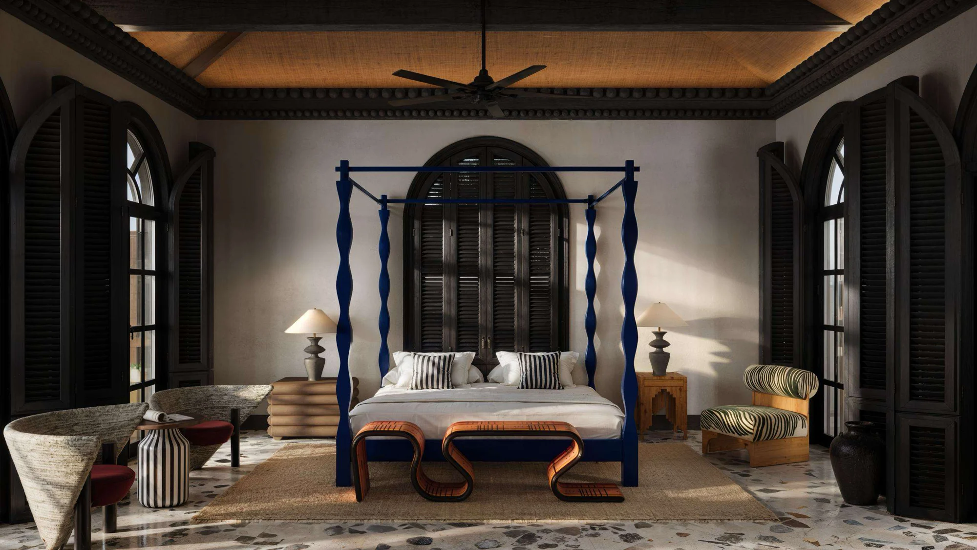 CASA NOI bedroom concept with a sculptural canopy bed and natural finishes